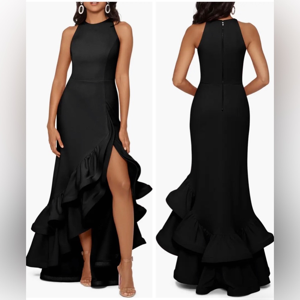 Betsy and Adam Ruffle Halter Crepe Gown